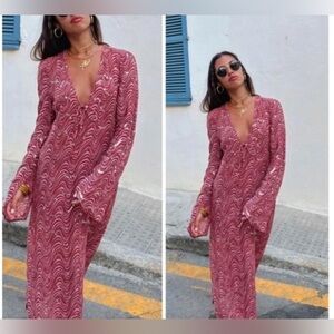 New ZARA RED BEADED SEQUIN CAFTAN MIDI TUNIC DRESS M